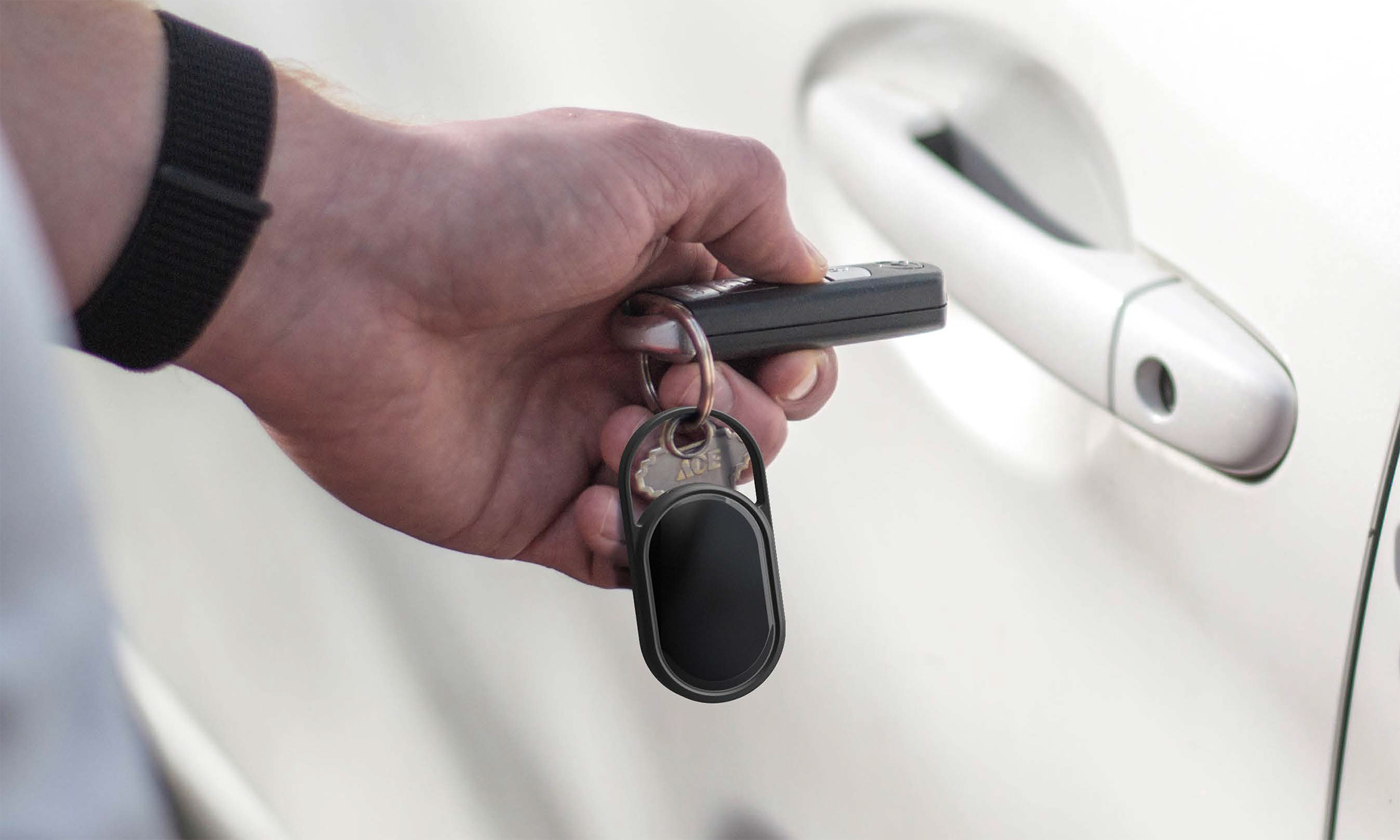 Rendering of the keyfob on a keychain as someone enters their car.